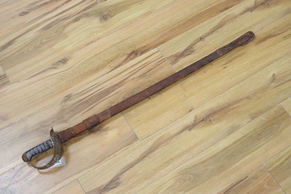 An Edward VII Infantry Officers sword, shagreen grip and 91cm etched, single edged blade, leather scabbard